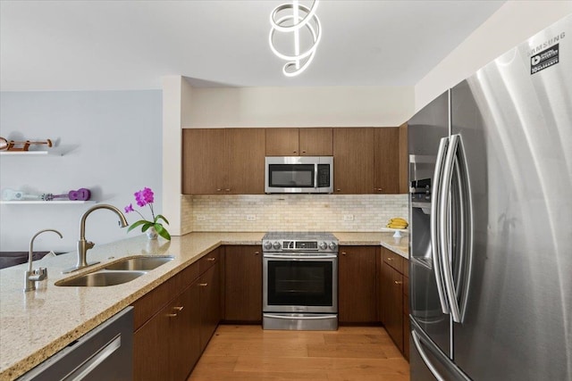 kitchen with light stone counters, a sink, appliances with stainless steel finishes, light wood-type flooring, and backsplash