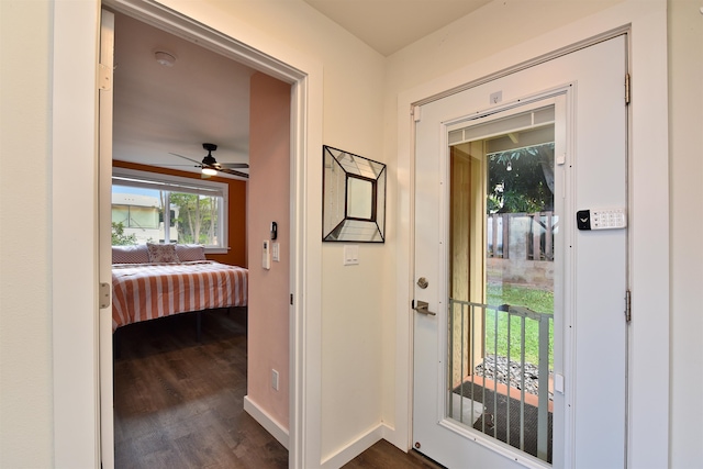 doorway to outside with ceiling fan and dark hardwood / wood-style flooring