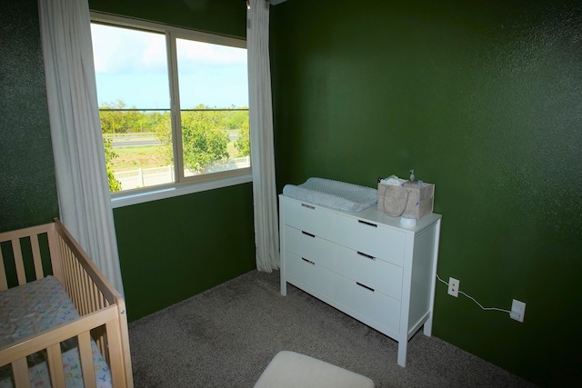 bedroom with a crib and carpet flooring