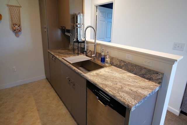 kitchen featuring sink, stone counters, and stainless steel dishwasher