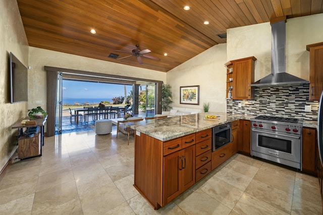kitchen with a peninsula, wall chimney range hood, vaulted ceiling, wood ceiling, and premium stove