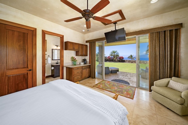 bedroom featuring light tile patterned floors, a ceiling fan, access to exterior, ensuite bath, and recessed lighting