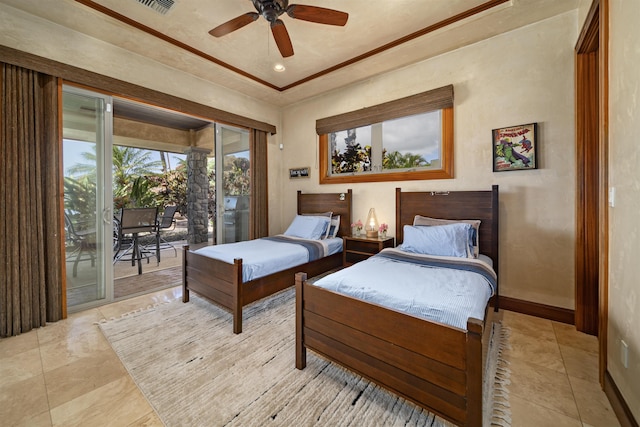 bedroom with a ceiling fan, baseboards, light tile patterned flooring, crown molding, and access to exterior