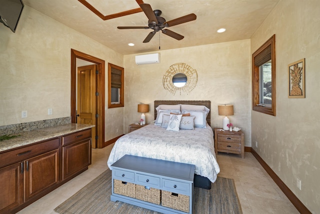 bedroom featuring baseboards, light tile patterned floors, recessed lighting, and an AC wall unit