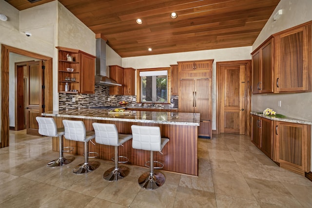kitchen featuring lofted ceiling, stone counters, wood ceiling, open shelves, and wall chimney exhaust hood