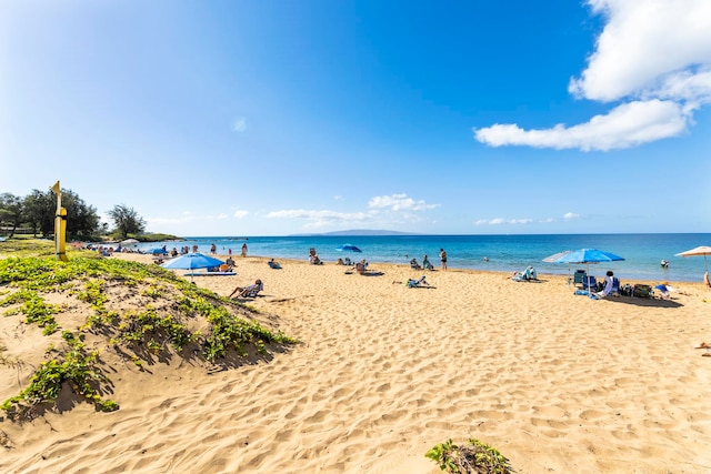 property view of water featuring a beach view