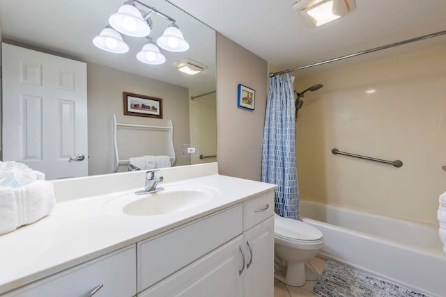 full bathroom with tile patterned flooring, shower / bath combo, vanity, and toilet