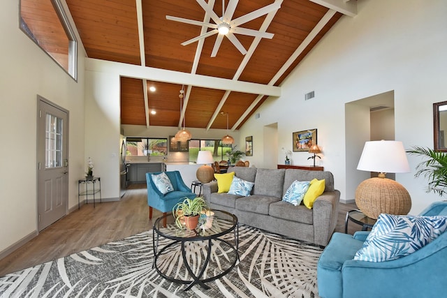 living room with wooden ceiling, beam ceiling, high vaulted ceiling, and wood-type flooring