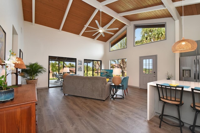 living room with high vaulted ceiling, wooden ceiling, wood-type flooring, and beam ceiling