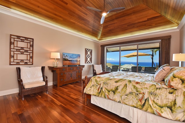 bedroom featuring dark hardwood / wood-style flooring, ceiling fan, access to outside, wooden ceiling, and a water view