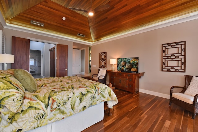 bedroom with dark wood-type flooring, wood ceiling, and ensuite bathroom