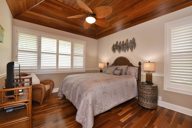 bedroom with dark wood-type flooring, ceiling fan, vaulted ceiling, and wood ceiling