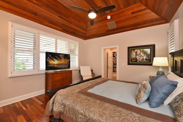 bedroom featuring a spacious closet, dark hardwood / wood-style flooring, a closet, ceiling fan, and wooden ceiling