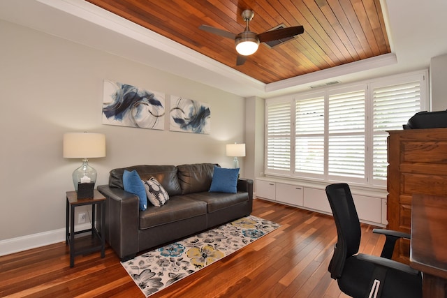 104 Woodrose Pl, Lahaina, HI 96761 - home office featuring hardwood / wood-style flooring, visible vents, ceiling fan, wooden ceiling, and a raised ceiling