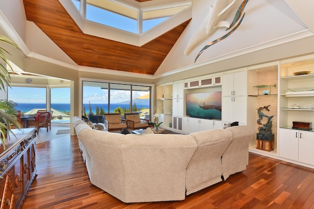 living room with high vaulted ceiling, wooden ceiling, dark wood-type flooring, and built in shelves