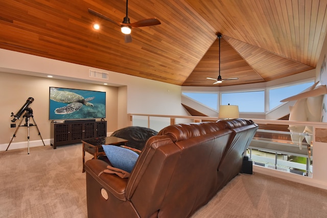 carpeted living room with lofted ceiling, wood ceiling, and ceiling fan