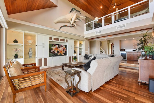 104 Woodrose Pl, Lahaina, HI 96761 - living area featuring high vaulted ceiling, beverage cooler, visible vents, and wooden ceiling