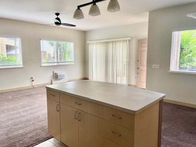 kitchen with light carpet, a wall mounted air conditioner, ceiling fan, and a wealth of natural light