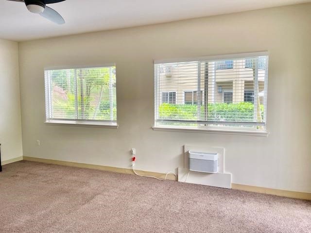 unfurnished room featuring ceiling fan, plenty of natural light, and carpet floors