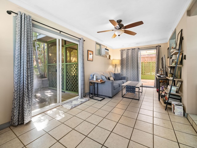 3100 Mapu Pl, Kihei, HI 96753 - living room with a ceiling fan, crown molding, and light tile patterned flooring