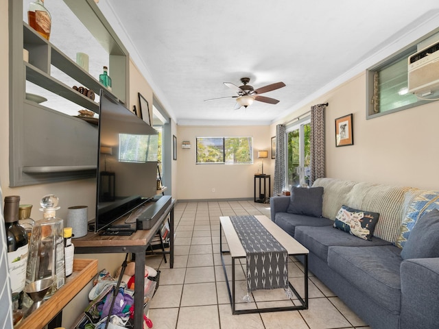 3100 Mapu Pl, Kihei, HI 96753 - living room with light tile patterned floors, a ceiling fan, and ornamental molding