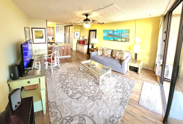 living room with ceiling fan, a wall mounted air conditioner, light hardwood / wood-style floors, and a textured ceiling