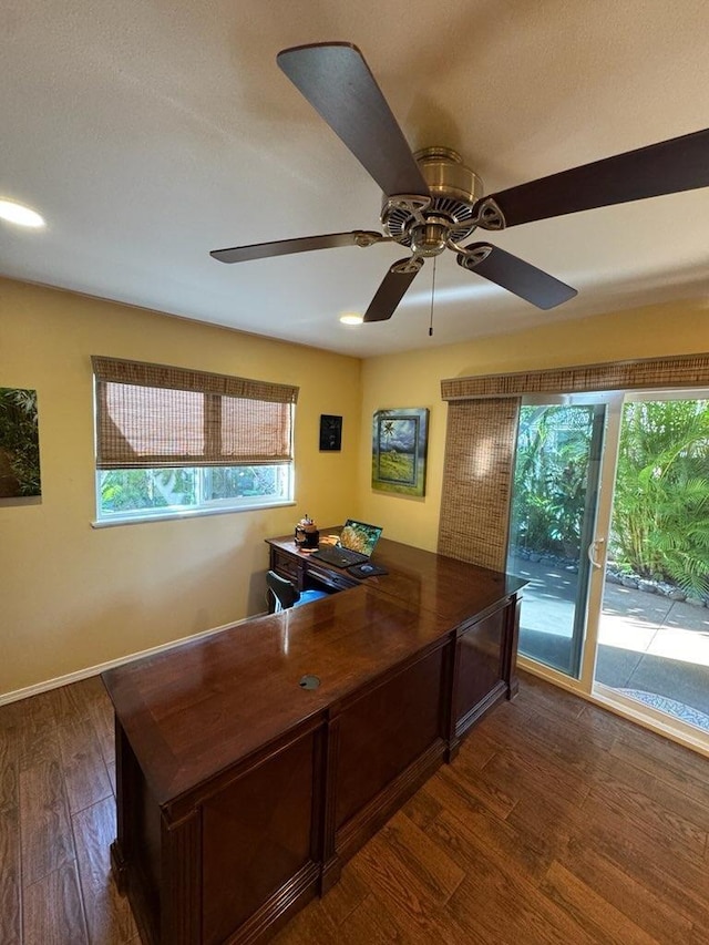 office with dark hardwood / wood-style floors, plenty of natural light, and ceiling fan