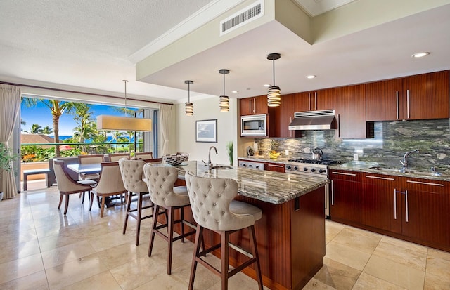 130 Kai Malina Pkwy Unit Nr202, Lahaina, HI 96761 - kitchen with appliances with stainless steel finishes, range hood, a sink, decorative backsplash, and recessed lighting
