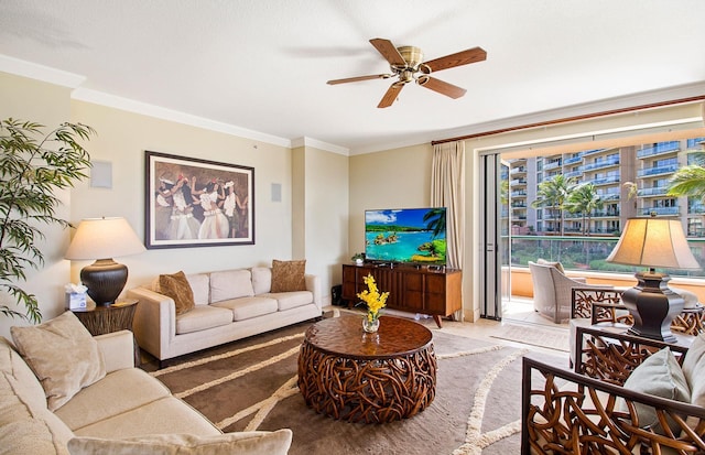 130 Kai Malina Pkwy Unit Nr202, Lahaina, HI 96761 - carpeted living area featuring ornamental molding and a ceiling fan