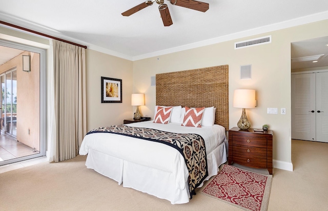 130 Kai Malina Pkwy Unit Nr202, Lahaina, HI 96761 - carpeted bedroom featuring access to outside, crown molding, a ceiling fan, and baseboards