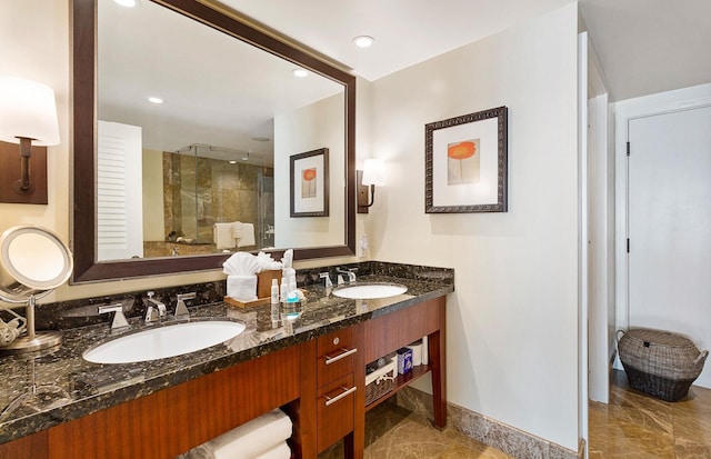 130 Kai Malina Pkwy Unit Nr202, Lahaina, HI 96761 - full bath with a stall shower, double vanity, baseboards, marble finish flooring, and recessed lighting