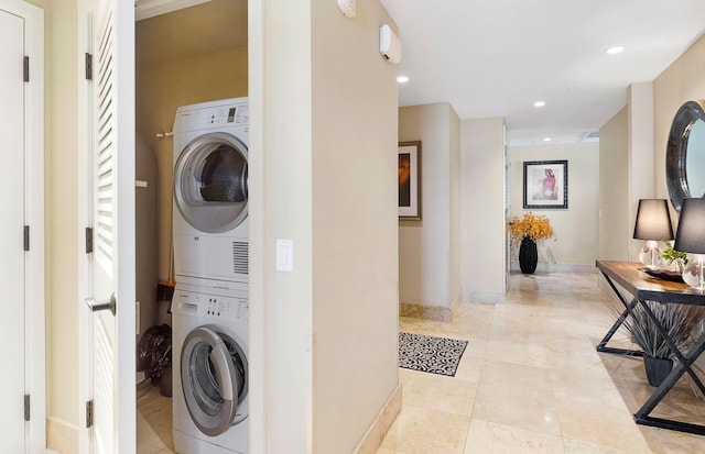 130 Kai Malina Pkwy Unit Nr202, Lahaina, HI 96761 - laundry area with stacked washer / drying machine, baseboards, and recessed lighting