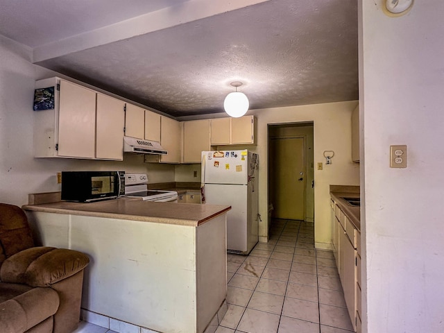 90 Auhana Rd Unit 202, Kihei, HI 96753 - kitchen featuring white appliances, under cabinet range hood, a peninsula, light tile patterned floors, and a textured ceiling