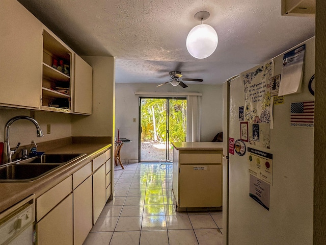 90 Auhana Rd Unit 202, Kihei, HI 96753 - kitchen featuring white appliances, a textured ceiling, open shelves, light tile patterned flooring, and a ceiling fan