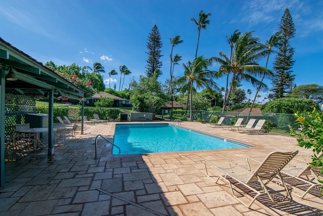 view of swimming pool featuring a patio area