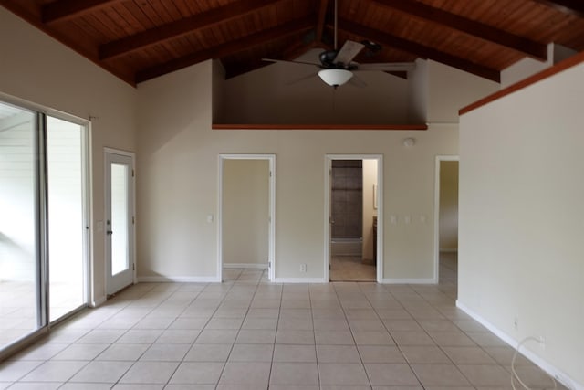 unfurnished room with wood ceiling, beamed ceiling, ceiling fan, and light tile patterned flooring