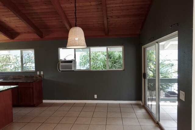 kitchen featuring light tile patterned floors, cooling unit, hanging light fixtures, lofted ceiling with beams, and wooden ceiling