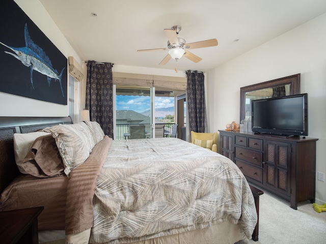 bedroom featuring access to outside, ceiling fan, and light carpet