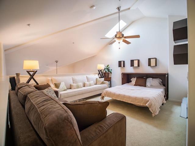 bedroom featuring ceiling fan, carpet, and vaulted ceiling