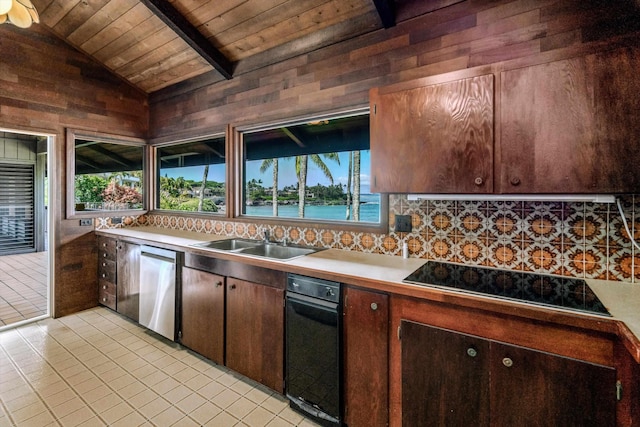 kitchen with sink, a water view, black electric cooktop, light tile patterned flooring, and wood ceiling