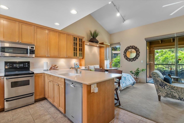 kitchen featuring light colored carpet, appliances with stainless steel finishes, a peninsula, vaulted ceiling, and a sink