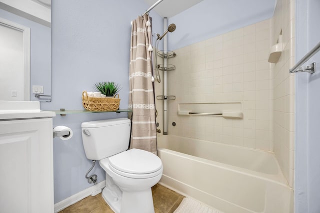 bathroom with tile patterned flooring, toilet, shower / bathtub combination with curtain, and vanity