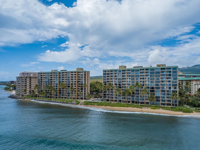 exterior space with a water view