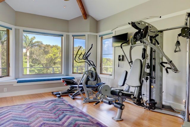 exercise room with wood-type flooring and vaulted ceiling