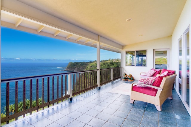 exterior space featuring vaulted ceiling with beams and a water view