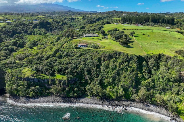 birds eye view of property with a water and mountain view