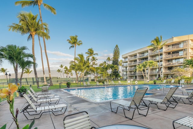 view of swimming pool with a patio area