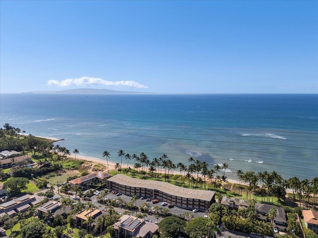 aerial view featuring a water view and a beach view