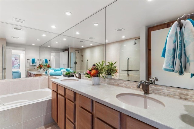 bathroom featuring vanity and plus walk in shower