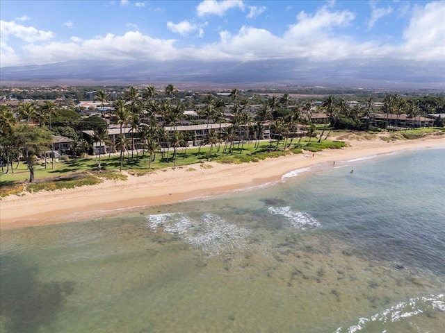 aerial view with a water view and a beach view